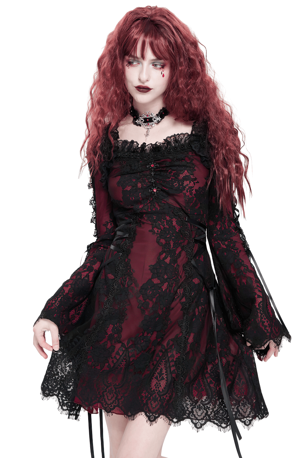 Gothic lace wine red and black long sleeve mini dress with flared sleeves and lace-up details, perfect for alternative fashion.