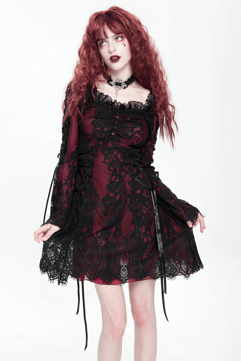 Gothic lace mini dress in wine red and black with flared sleeves and Victorian-inspired details.