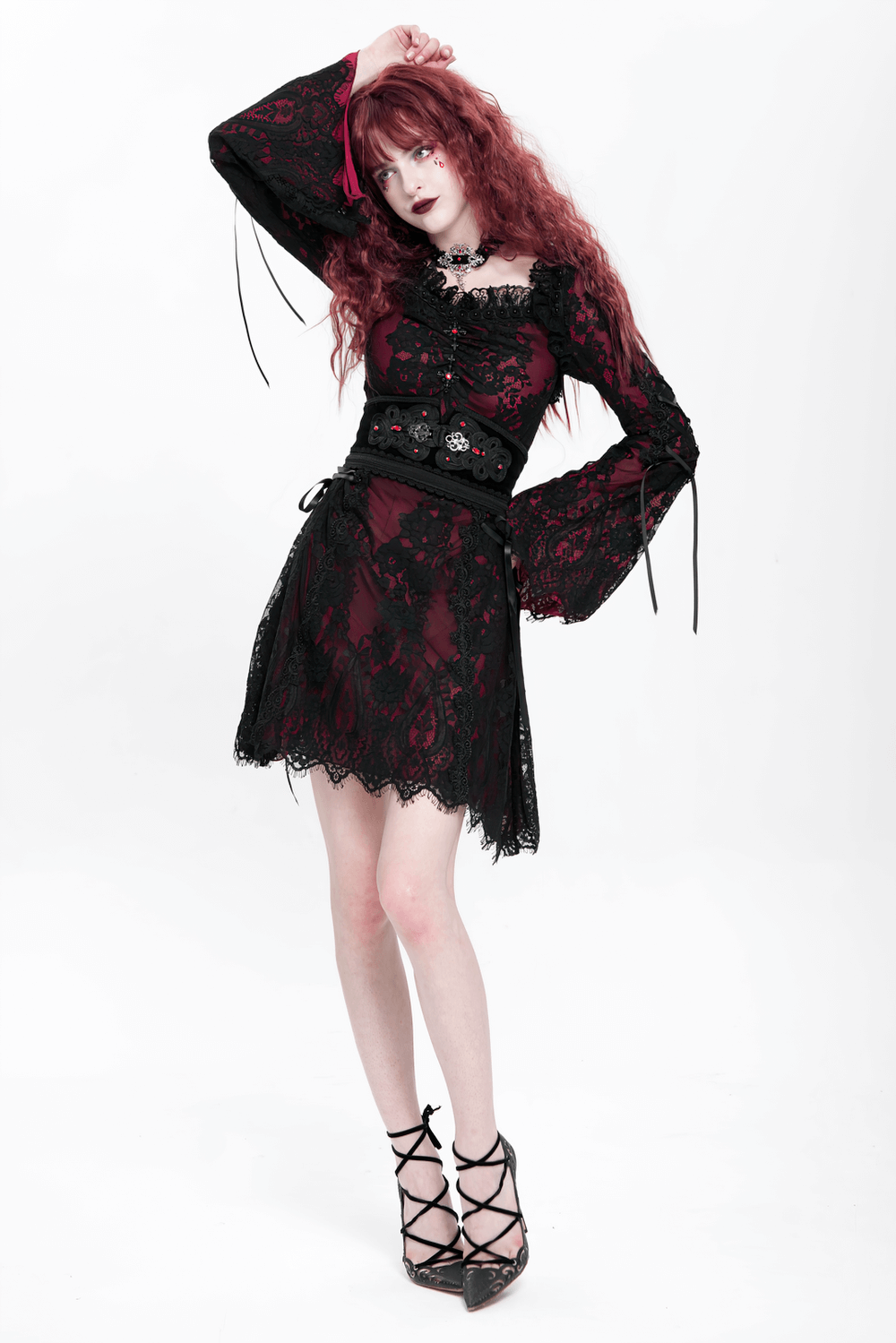 Gothic lace wine red and black long sleeve mini dress with flared sleeves and lace-up details.