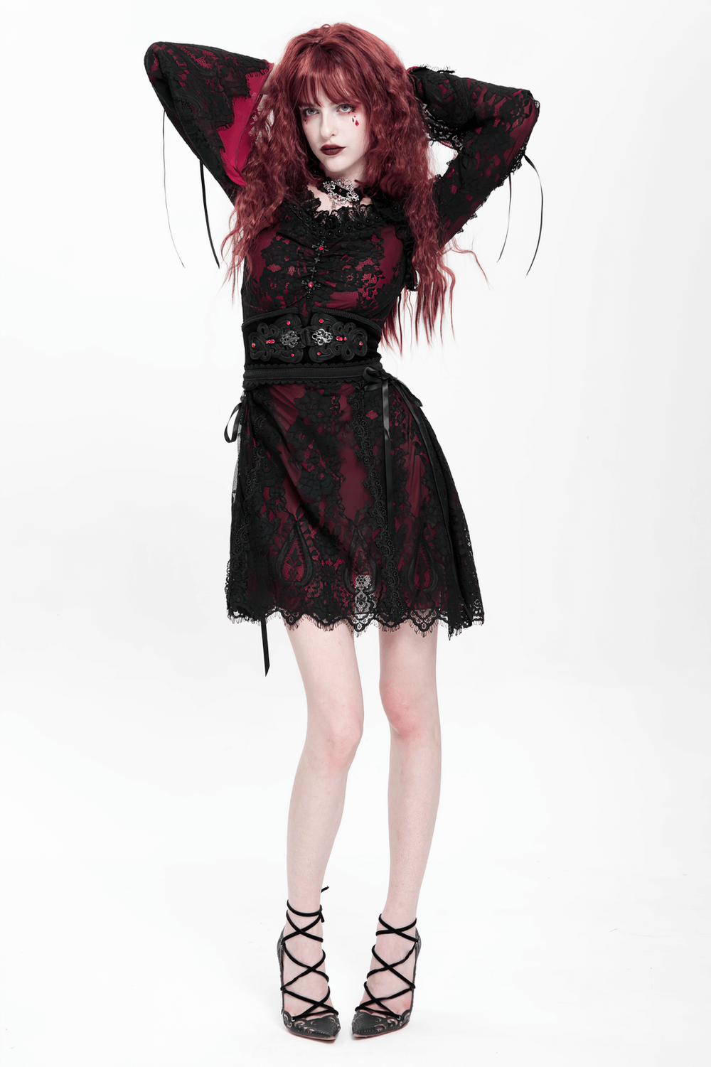 Gothic lace wine red and black mini dress with flared sleeves and lace-up details, perfect for dark romantic style.