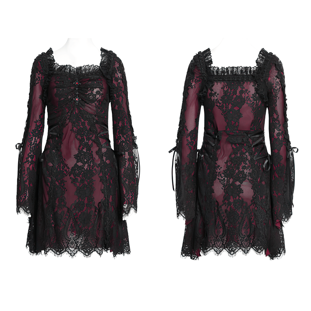 Gothic lace wine red and black mini dress with flared sleeves and lace-up details, perfect for alternative fashion.