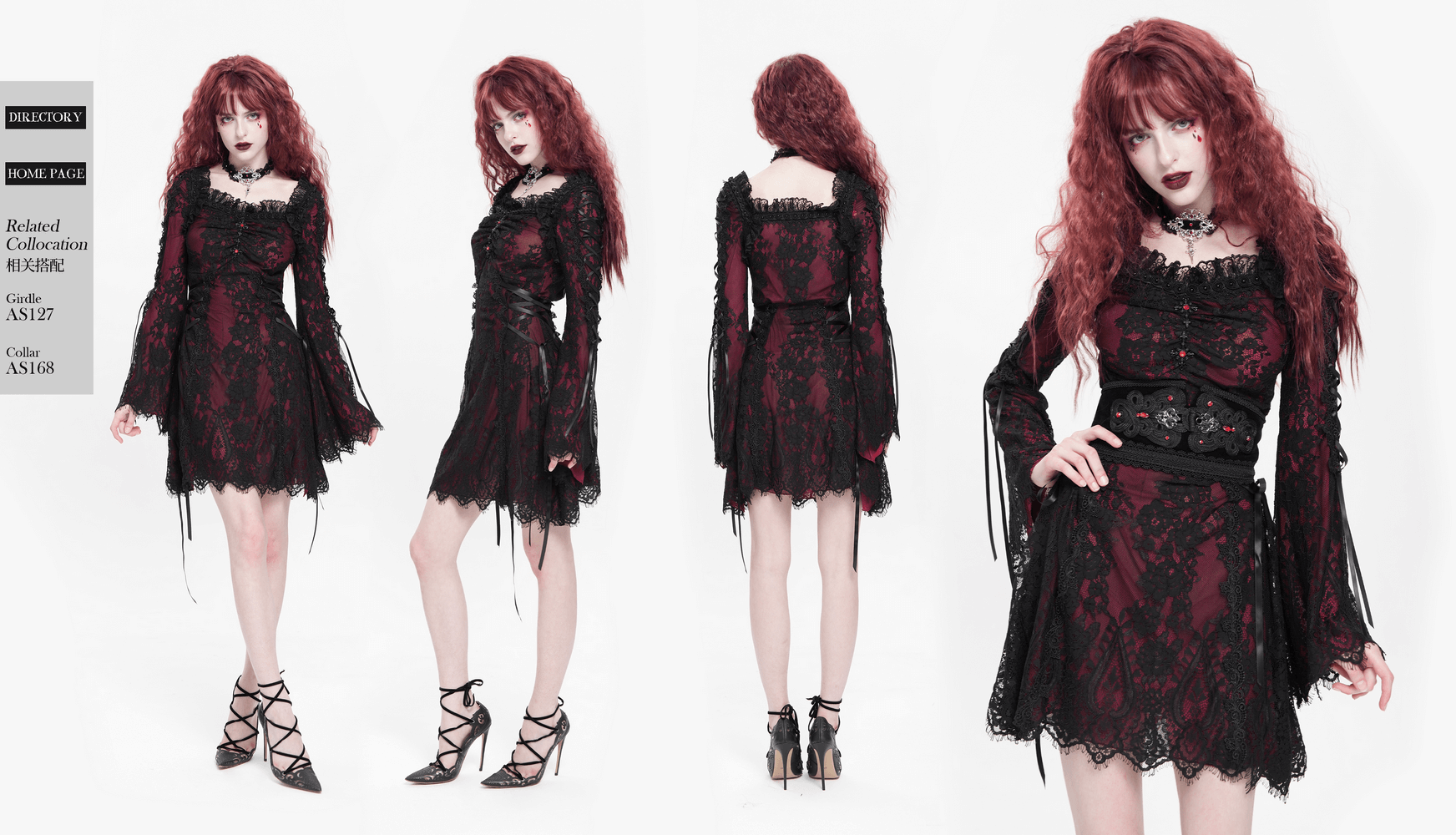 Gothic lace wine red and black long sleeve mini dress with flared sleeves and lace-up details, perfect for dark romance.