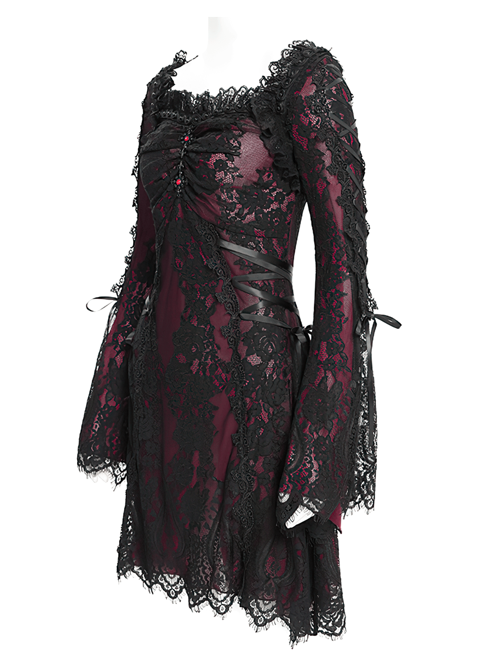 Gothic lace mini dress in wine red and black, featuring flared sleeves and lace-up details, perfect for dark romantic style.