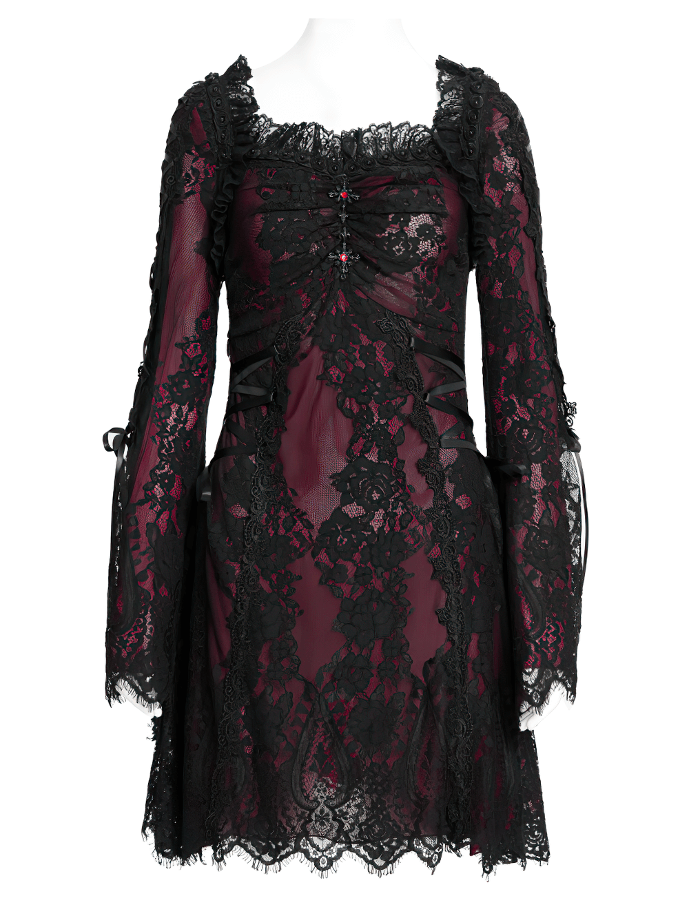 Gothic lace wine red and black long sleeve mini dress with flared sleeves and lace-up details, perfect for dark romantic occasions.