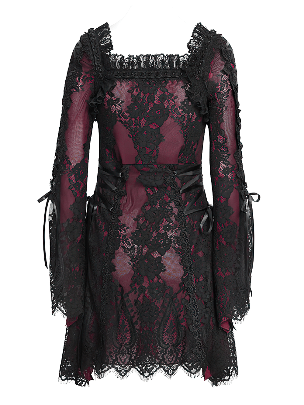 Gothic lace wine red and black mini dress with flared sleeves and lace-up details, perfect for alternative fashion.
