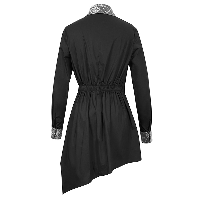 Back view of a gothic black long shirt with uniquely designed sleeves and an elongated cut, perfect for steampunk style.