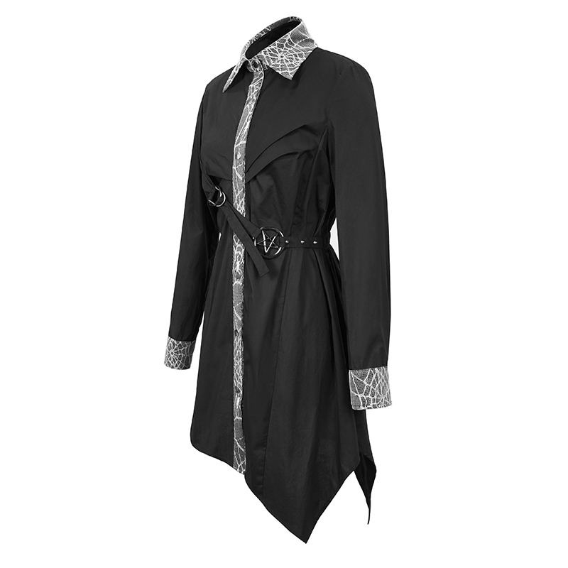 Gothic Ladies Black Long Shirt with Perntagram / Steampunk Long Sleeve Women Shirts - HARD'N'HEAVY