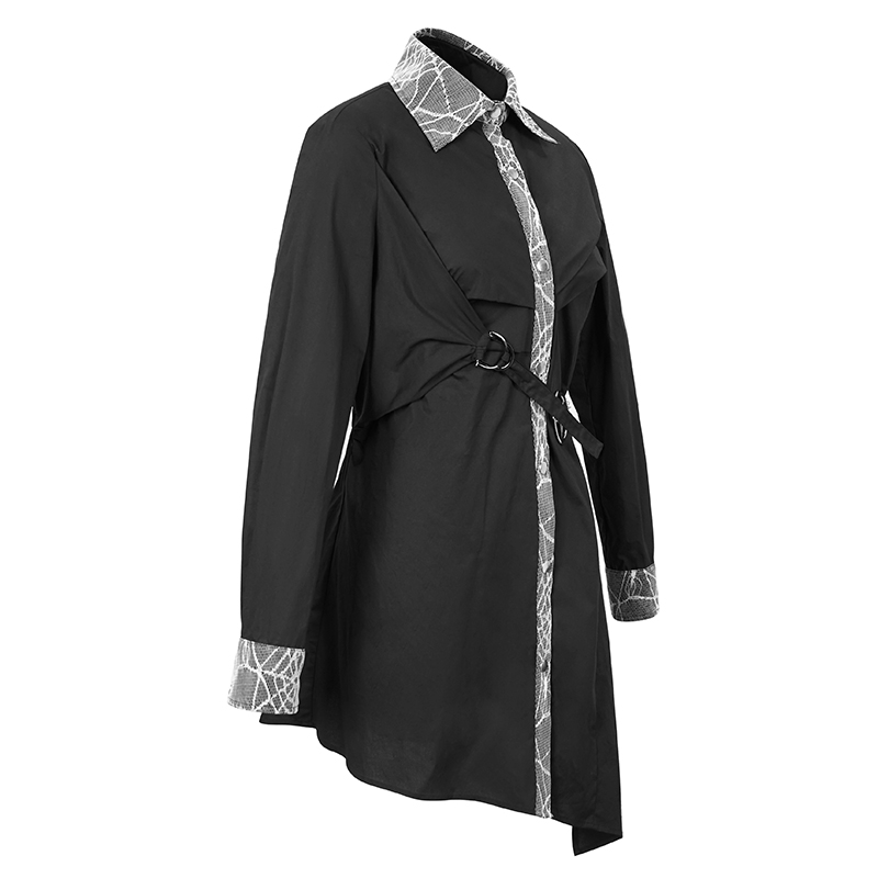 Gothic black long shirt with pentagram detail and stylish collar for women. Perfect for steampunk fashion lovers.