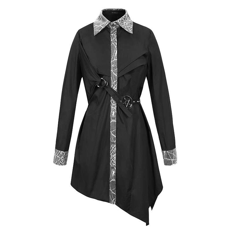 Gothic women's black long shirt with pentagram detailing and unique cut for stylish steampunk fashion.
