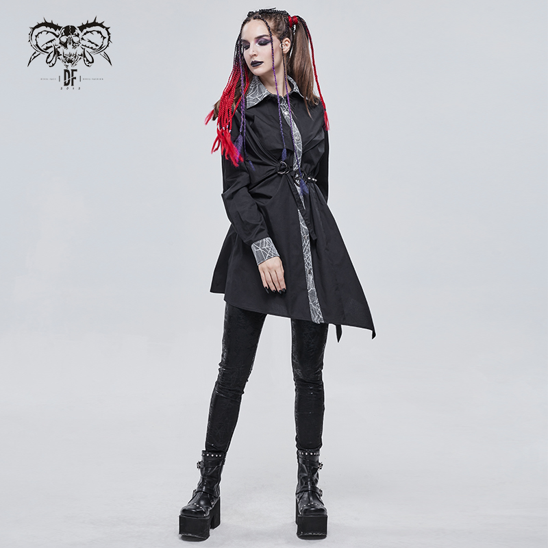 Gothic ladies black elongated shirt with pentagram details, perfect for stylish steampunk outfits.