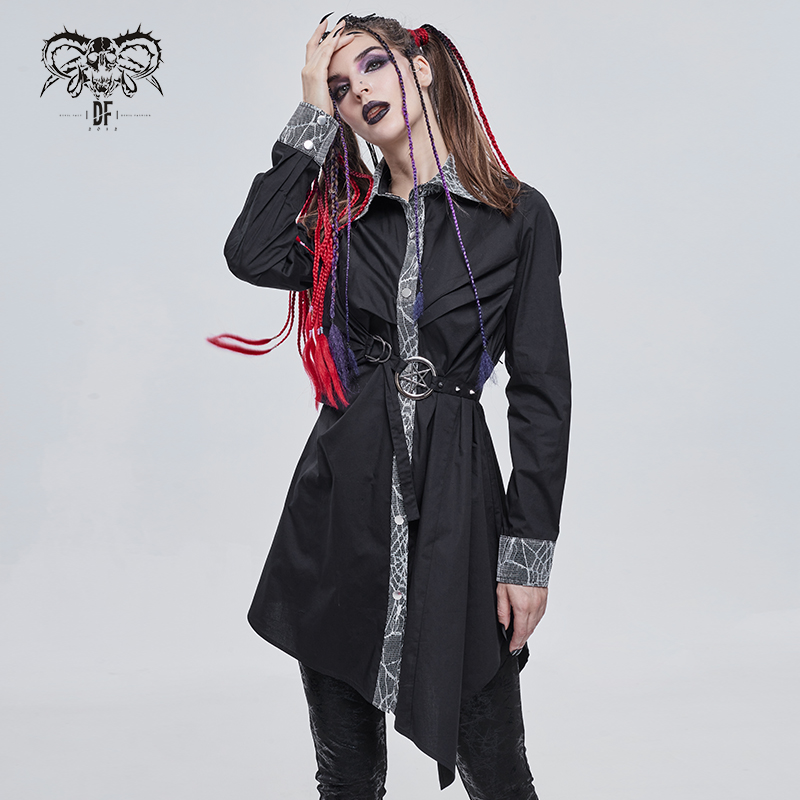 Gothic black elongated shirt with pentagram detail, steampunk style for women, stylish and comfortable fit.