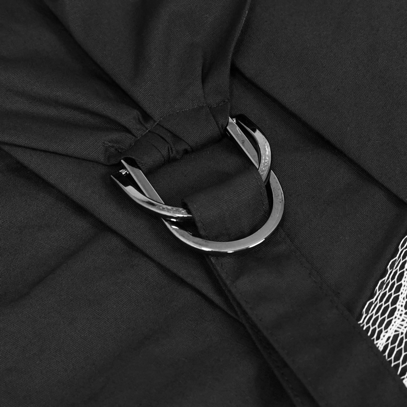 Close-up of a stylish black shirt detailing featuring a metallic buckle, perfect for gothic and steampunk fashion.