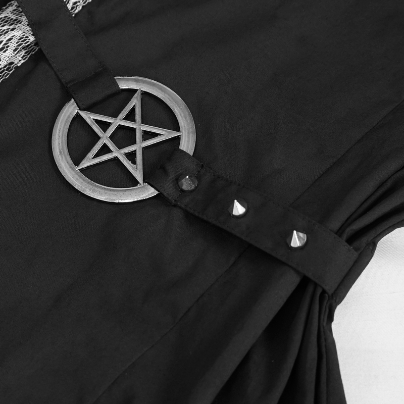 Close-up of black gothic shirt featuring a pentagram and stylish studs, perfect for steampunk fashion.