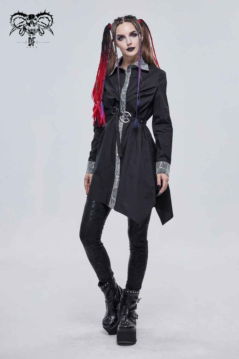 Gothic black long shirt with pentagram detail, styled with edgy accessories and vibrant hair, perfect for steampunk fashion.