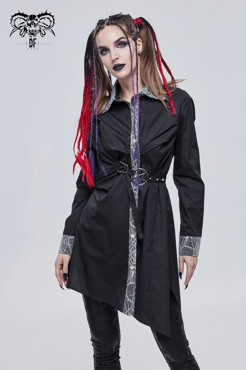 Gothic ladies black long shirt with pentagram, stylish steampunk long sleeve design for a chic goth look.