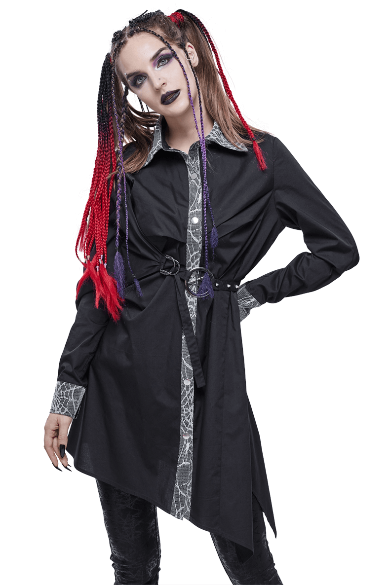 Gothic Ladies Black Long Shirt with Perntagram / Steampunk Long Sleeve Women Shirts - HARD'N'HEAVY