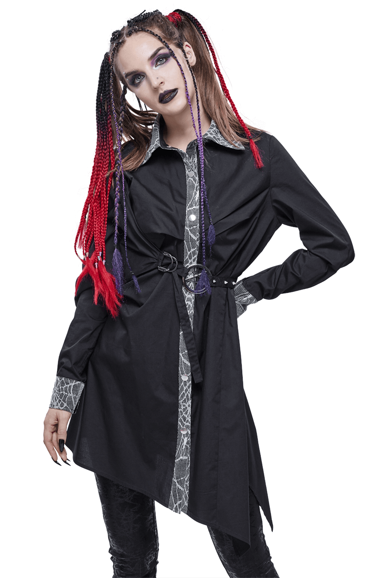 Gothic black elongated shirt with pentagram and stylish belt, perfect for a steampunk look.