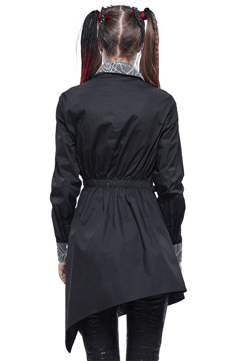 Back view of a gothic ladies black long shirt with pentagram, featuring an elongated free cut and stylish design.