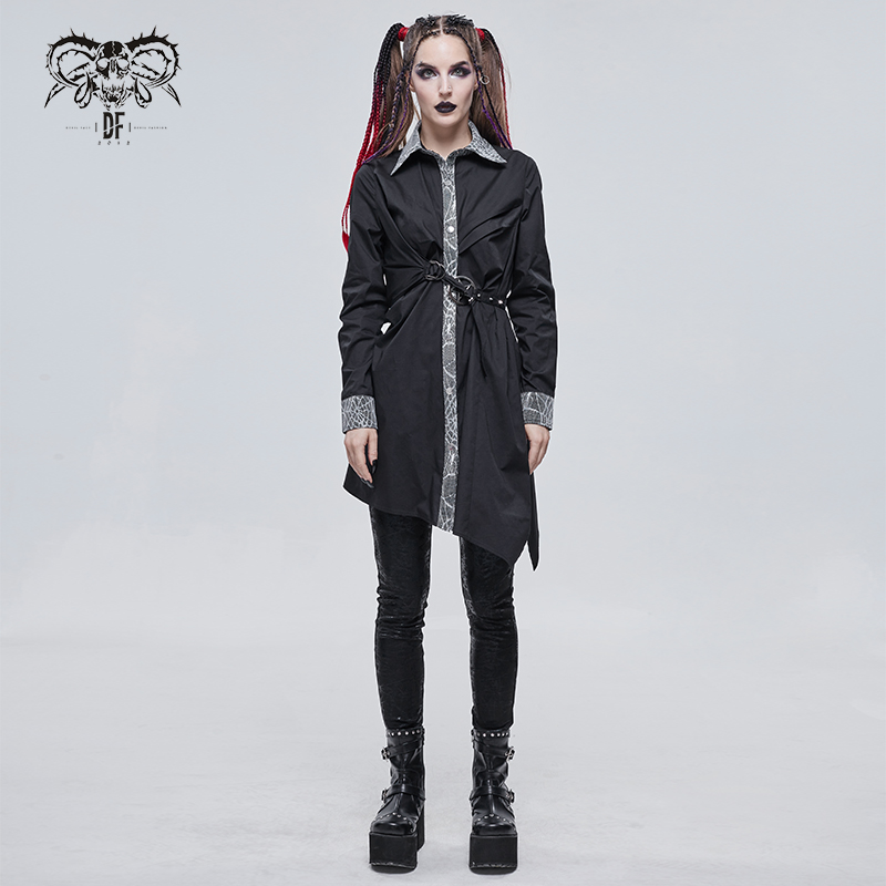 Gothic ladies black long shirt with pentagram, stylish steampunk fashion, perfect for a bold look.