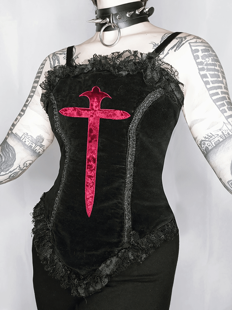 Gothic Ladies Lace Trim Corset with Cross Pattern / Alternative Style Clothes for Women - HARD'N'HEAVY