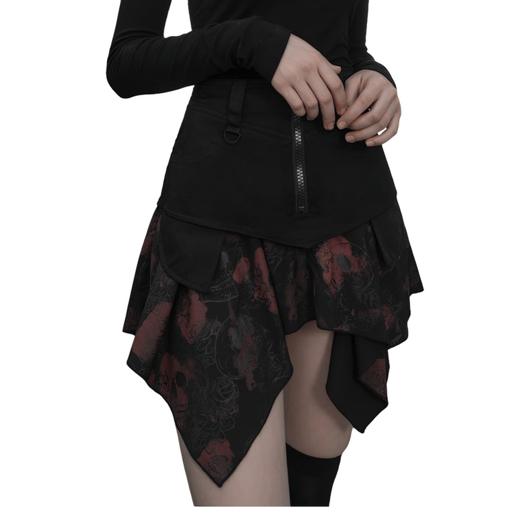 Gothic Layered Asymmetrical Skirt with Skull Motif - HARD'N'HEAVY
