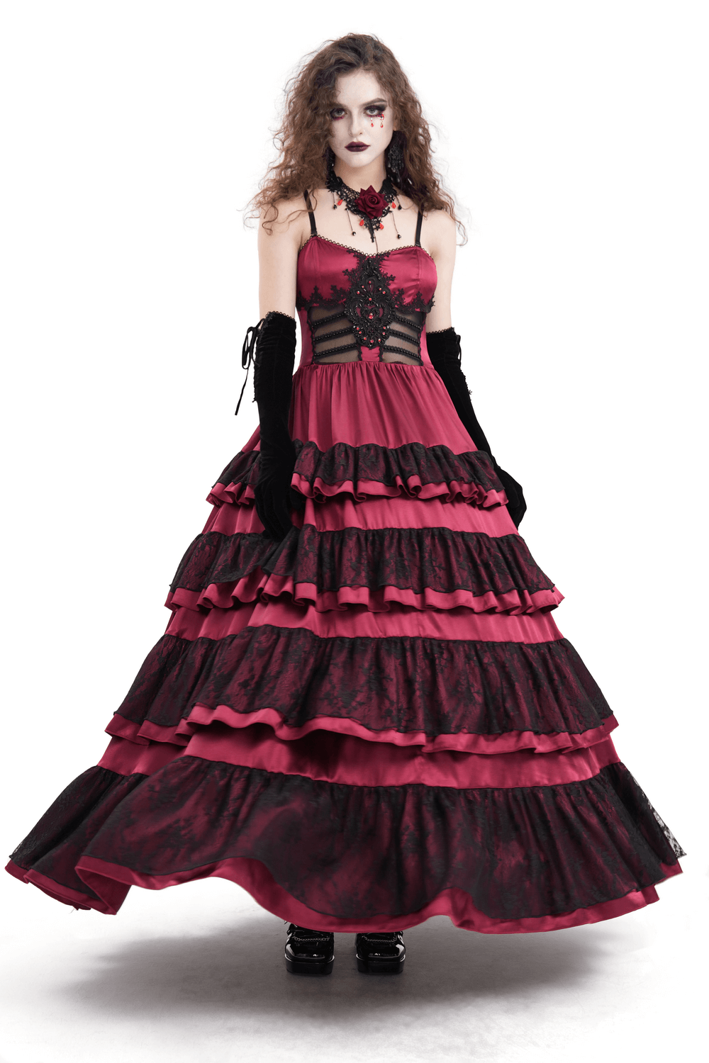 Gothic layered lace and satin long dress with corset back, perfect for Victorian-themed events.