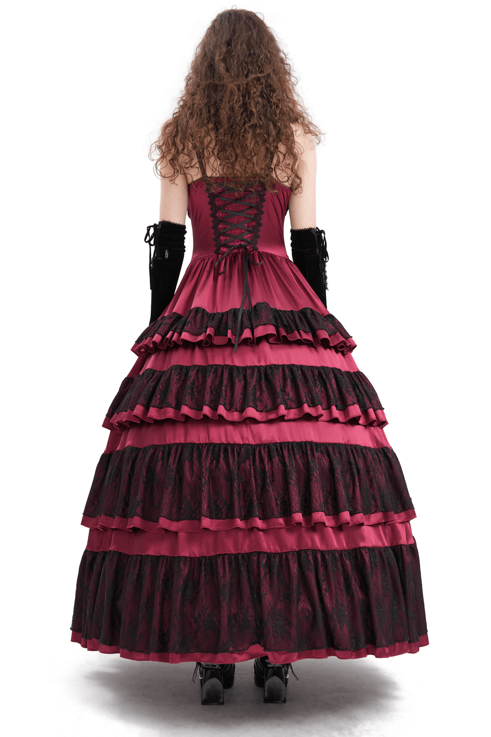 Back view of a gothic layered lace and satin long dress with corset detail and ruffled tiers in burgundy.