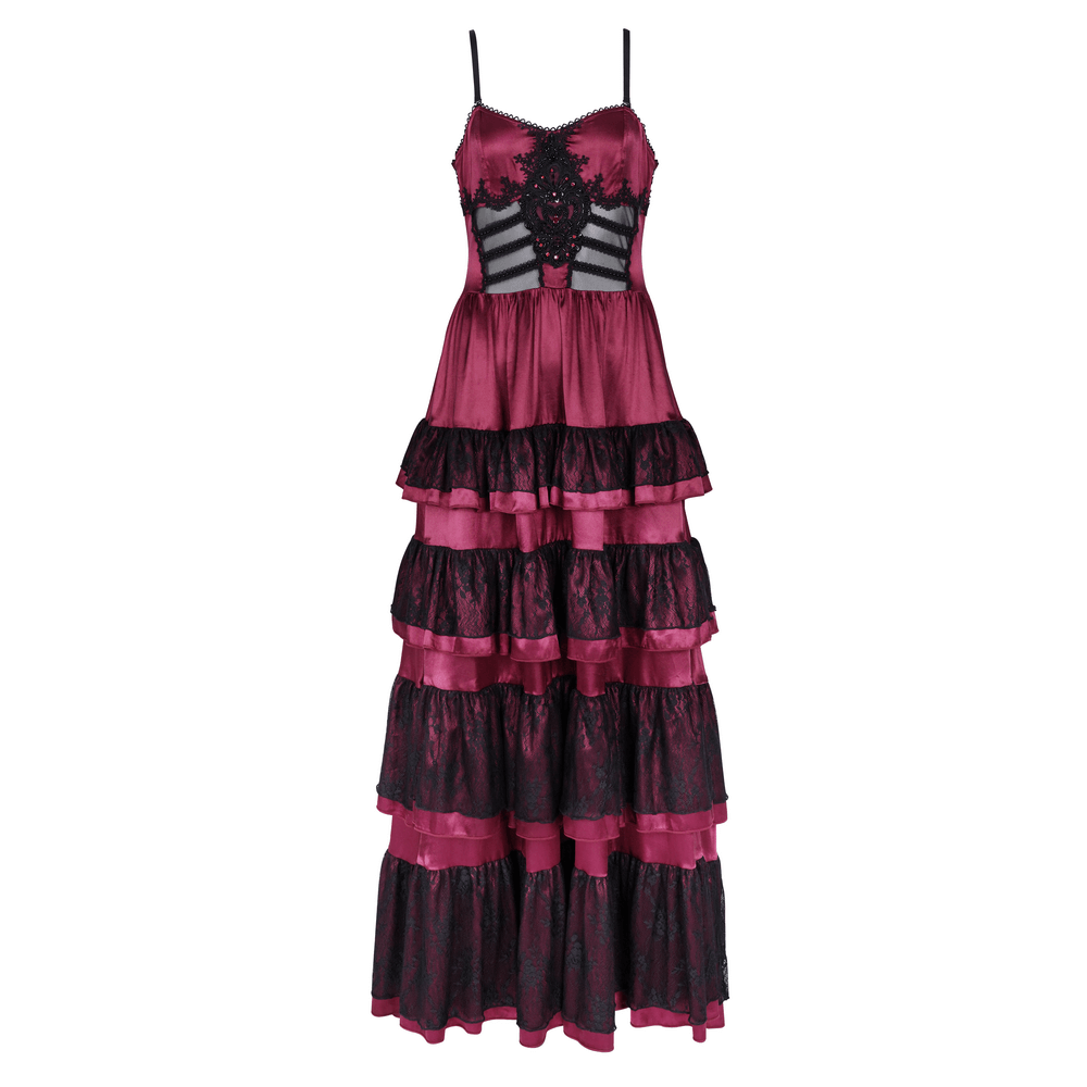 Gothic Layered Lace and Satin Long Dress with Corset Back