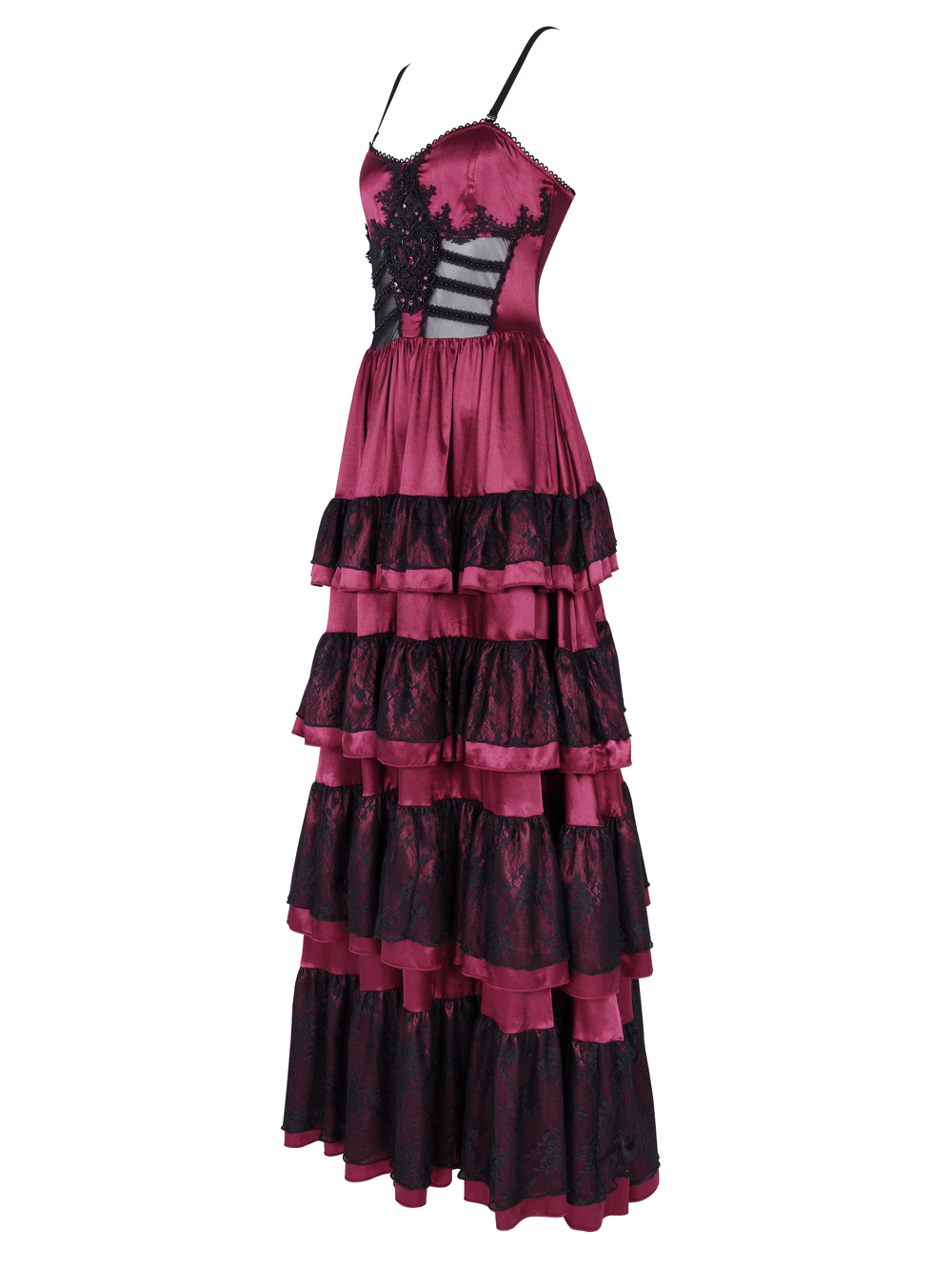 Gothic layered lace and satin long dress with corset back, perfect for Victorian-themed events and dark romance.