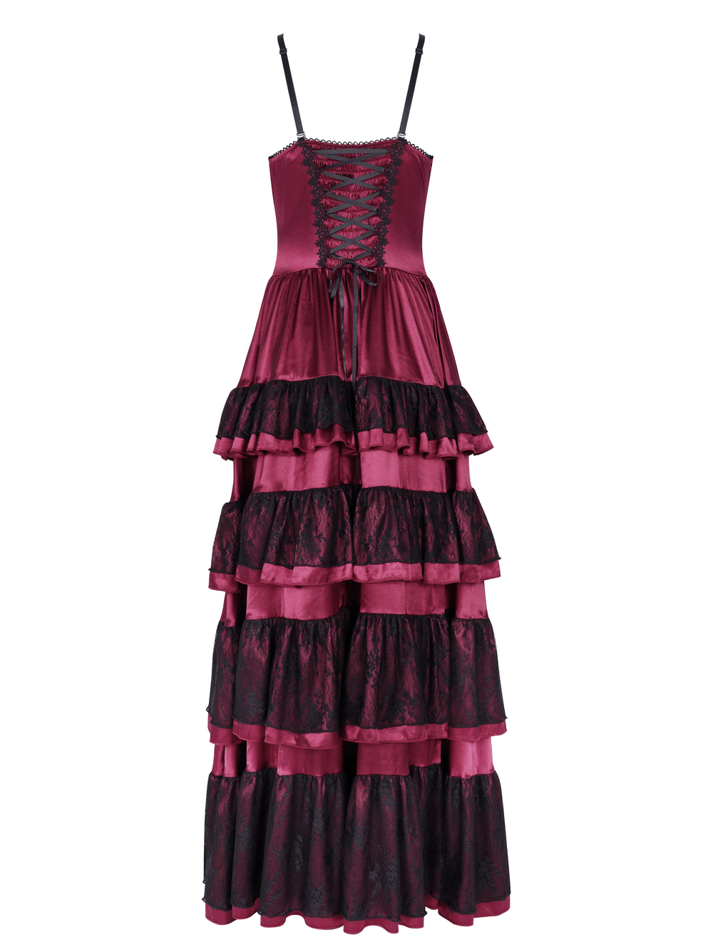 Elegantes Gothic-Maxikleid aus gestufter Spitze mit Rüschen und Trägern