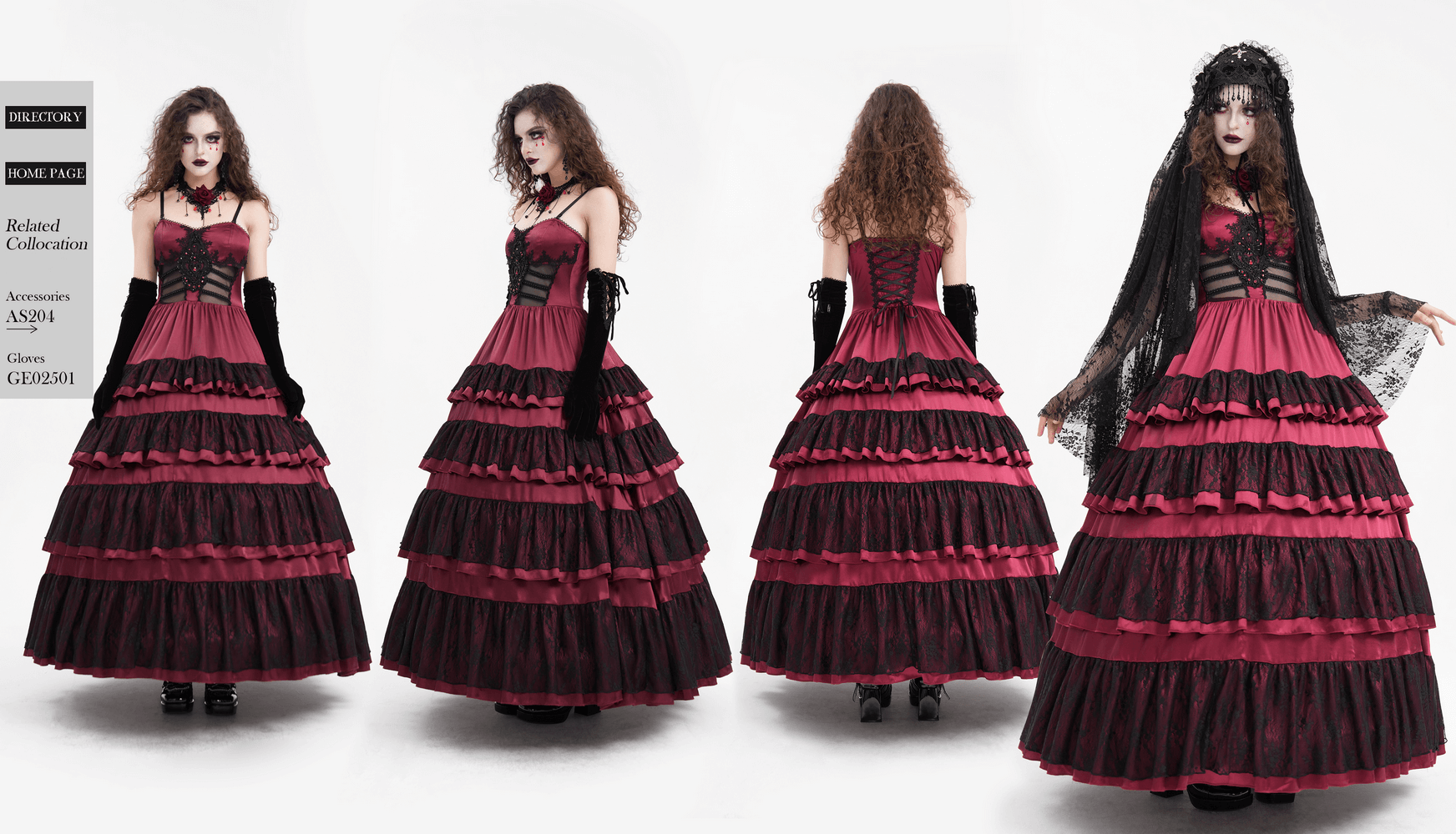 Elegantes Gothic-Maxikleid aus gestufter Spitze mit Rüschen und Trägern