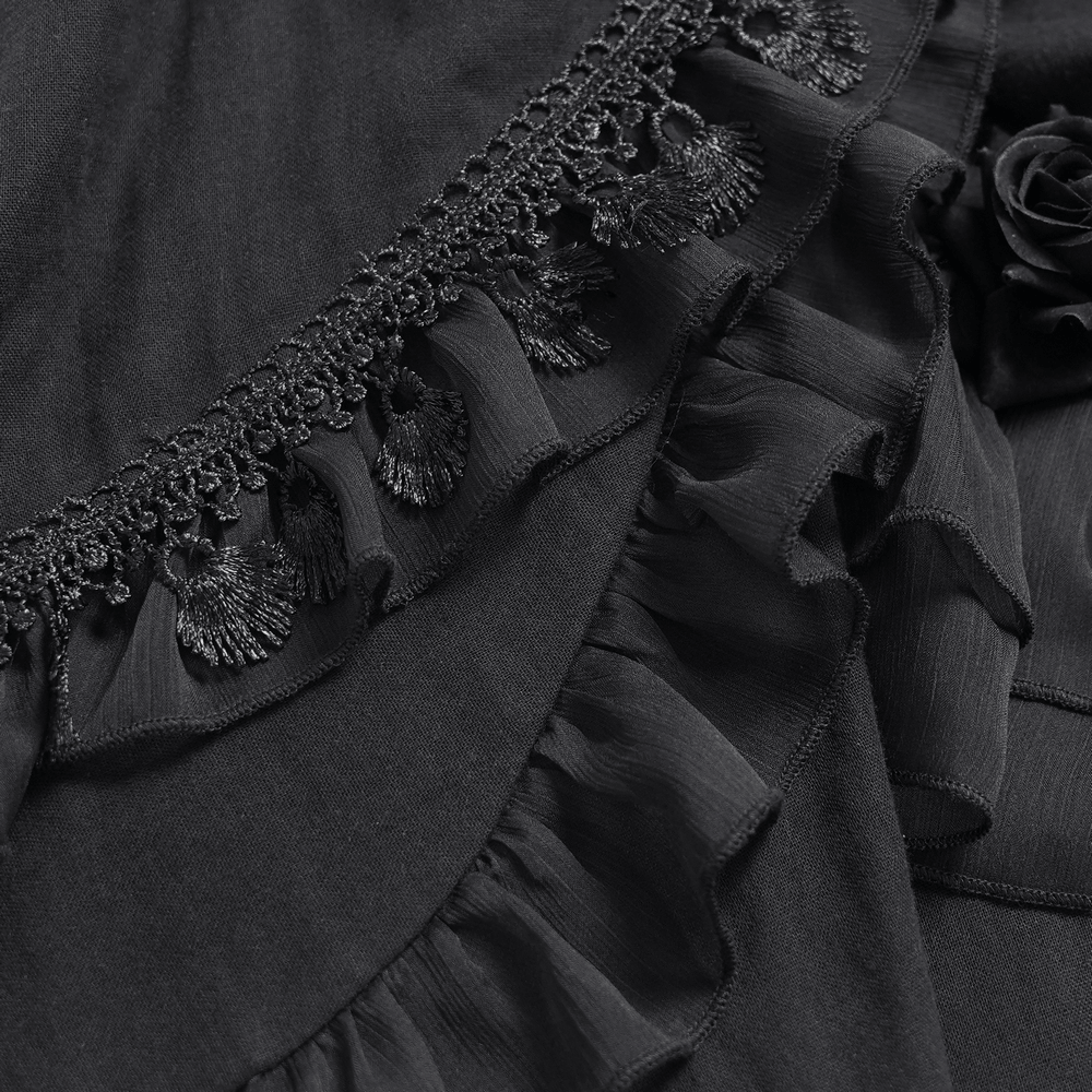 Gothic Layered Maxi Skirt With Lace Ruffle Details featuring intricate lace trims and cascading ruffles in a dark aesthetic.