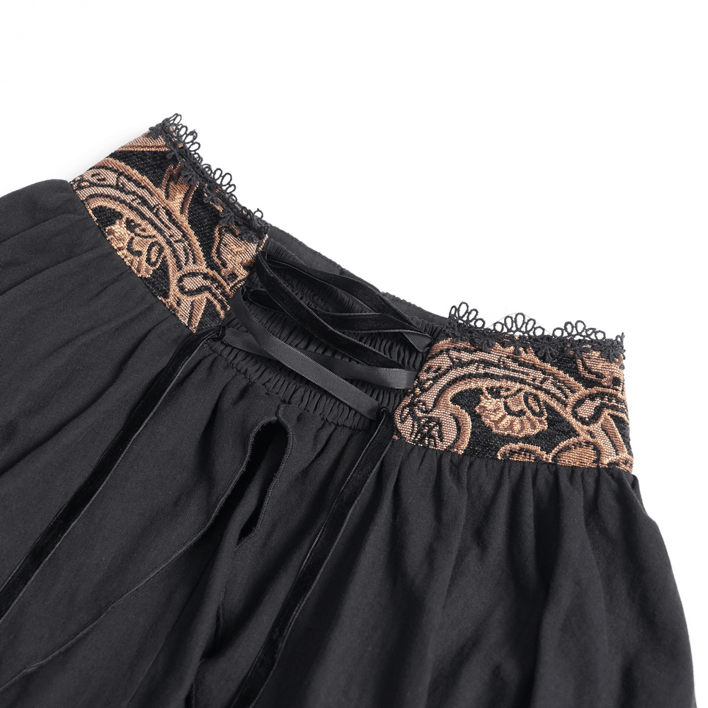 Gothic Layered Maxi Skirt With Lace Ruffle Details decorative waistband and lace trim close-up