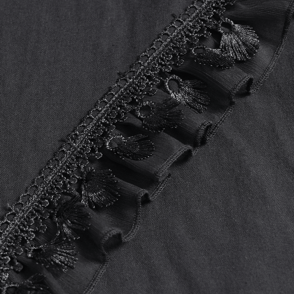 Gothic Layered Maxi Skirt With Lace Ruffle Details featuring intricate lace trims and ruffles on a dark fabric.