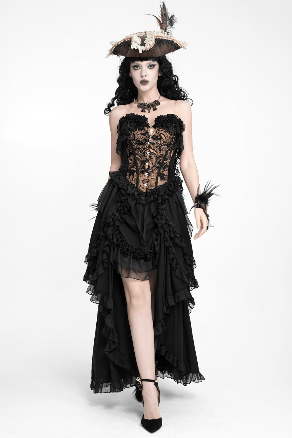 Gothic Layered Maxi Skirt With Lace Ruffle Details worn by model in dramatic Victorian-style outfit.