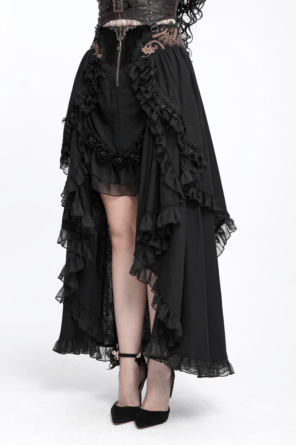 Gothic Layered Maxi Skirt With Lace Ruffle Details featuring ruffles and lace trims in a dramatic high-low design.