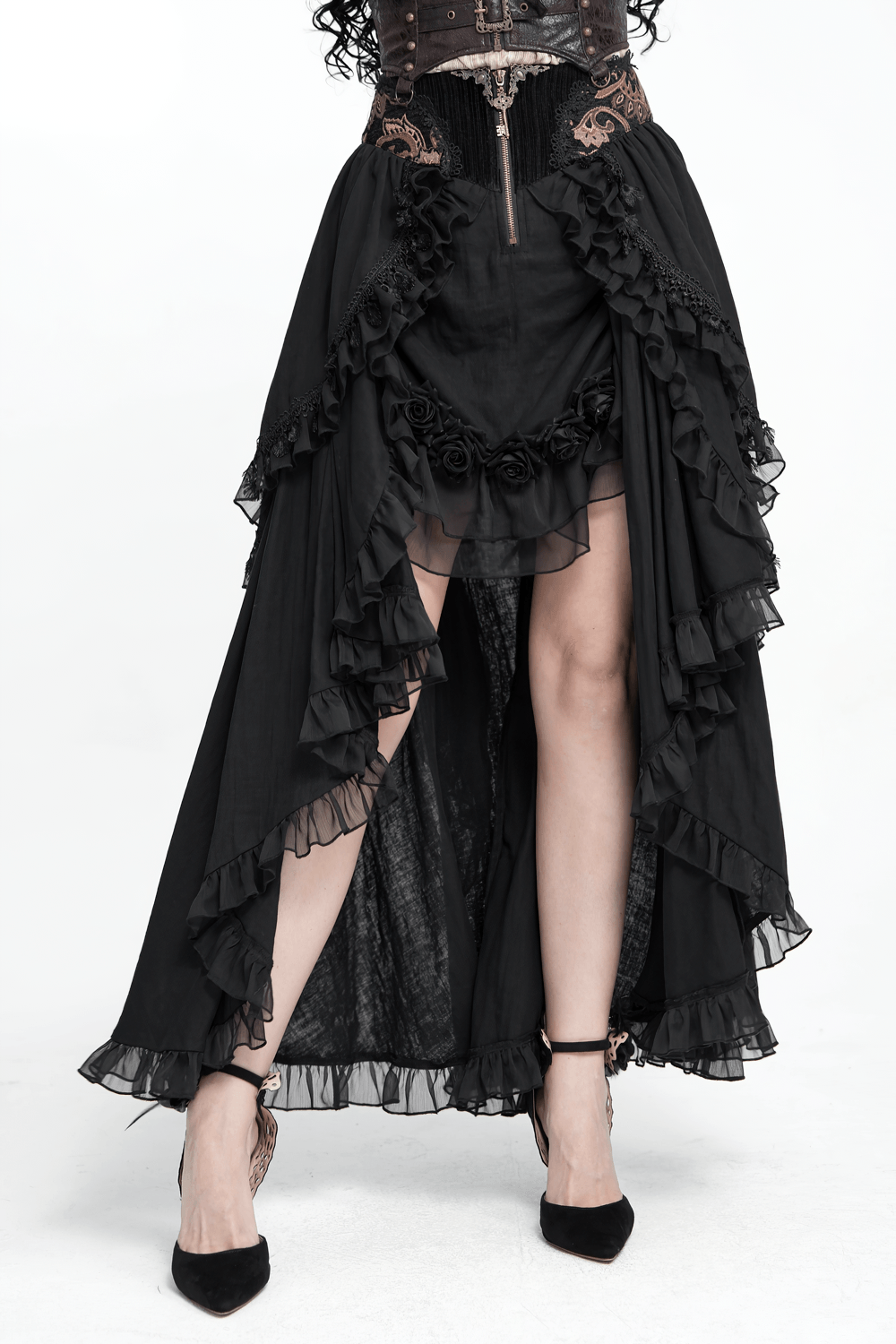 Gothic Layered Maxi Skirt With Lace Ruffle Details featuring cascading ruffles and floral accents in black.