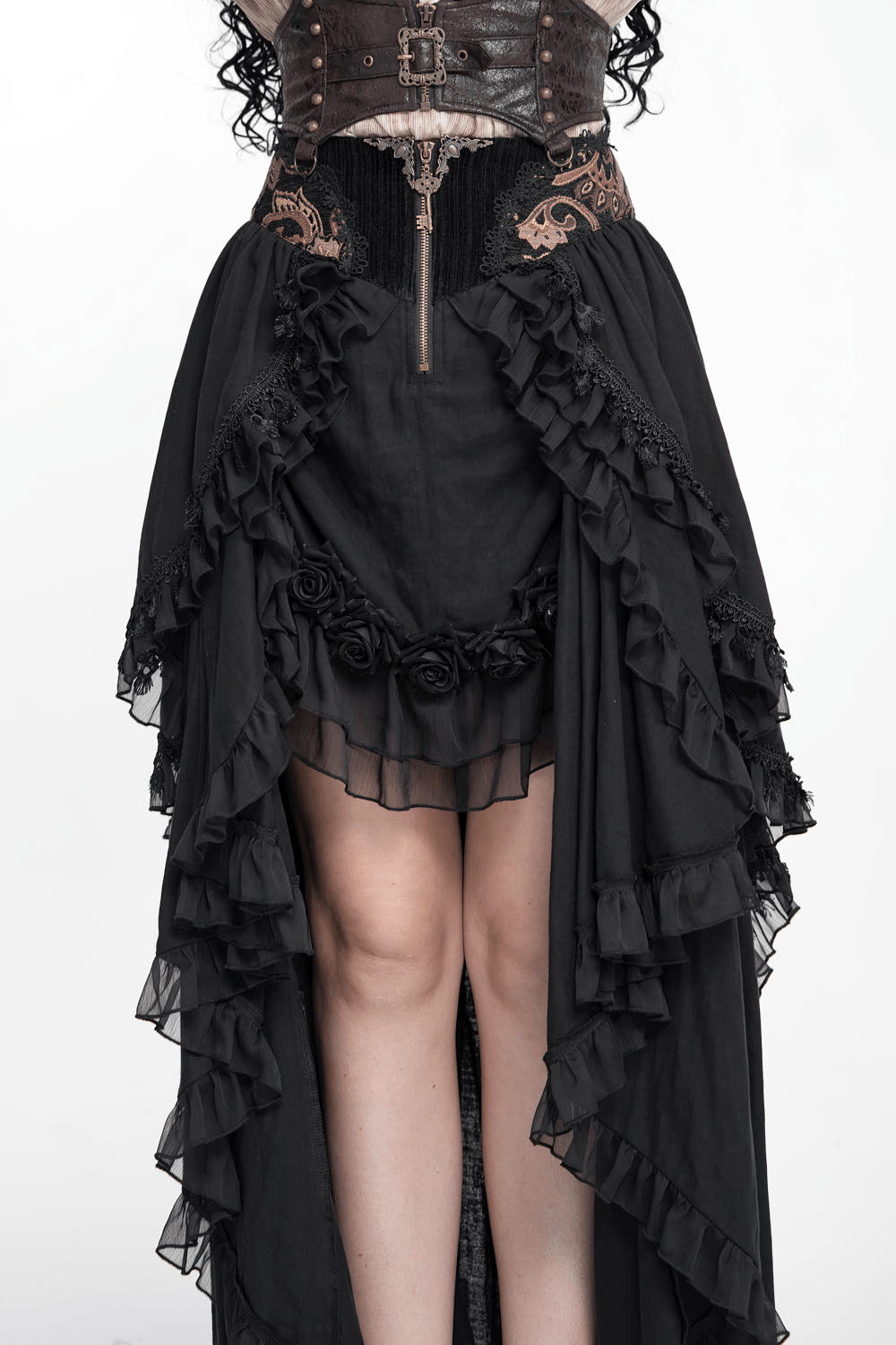 Gothic Layered Maxi Skirt With Lace Ruffle Details showcasing cascading ruffles and a decorative waistband for a dramatic look.