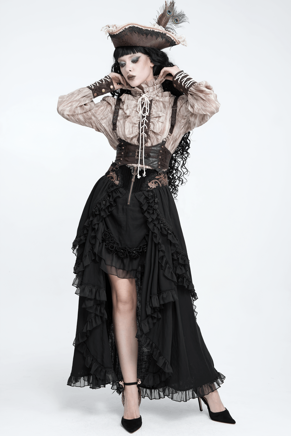 Gothic Layered Maxi Skirt With Lace Ruffle Details paired with Victorian-inspired outfits and accessories.