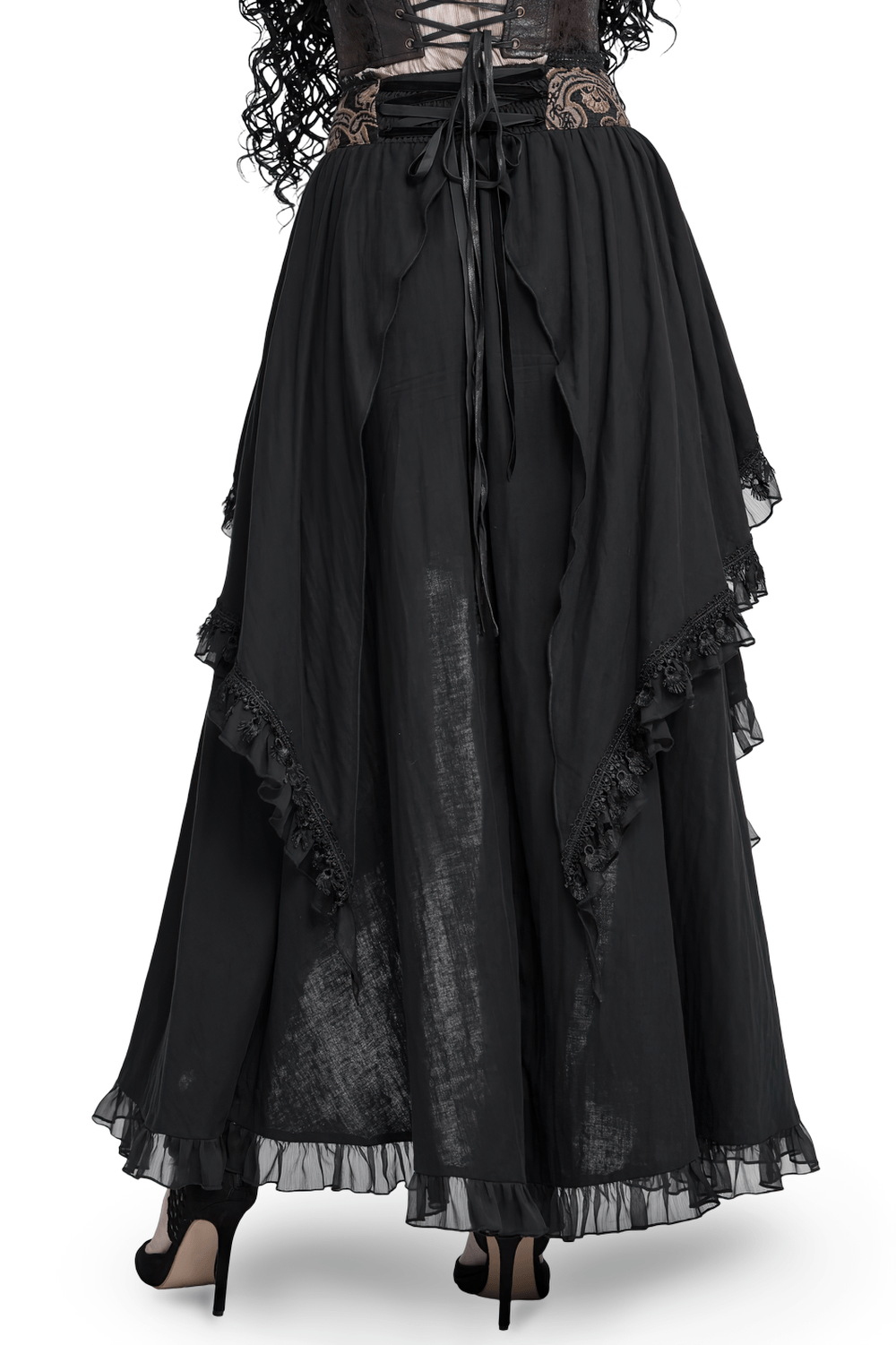 Gothic Layered Maxi Skirt With Lace Ruffle Details featuring cascading layers and lace trim for a dramatic aesthetic.