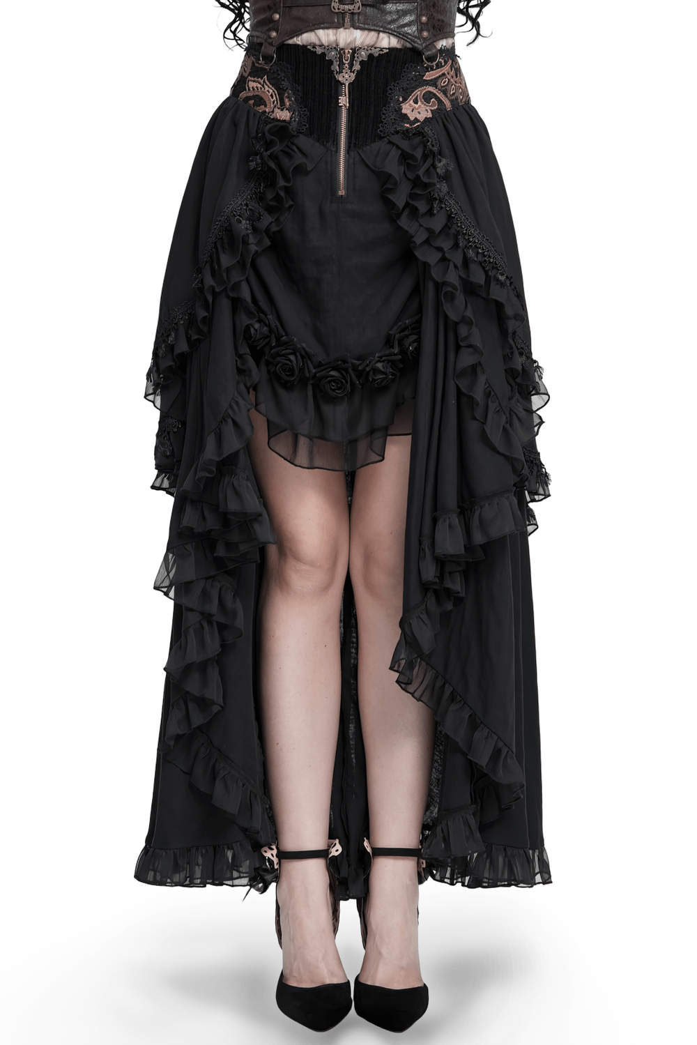 Gothic Layered Maxi Skirt With Lace Ruffle Details showcasing cascading ruffles and floral accents in a dramatic design.