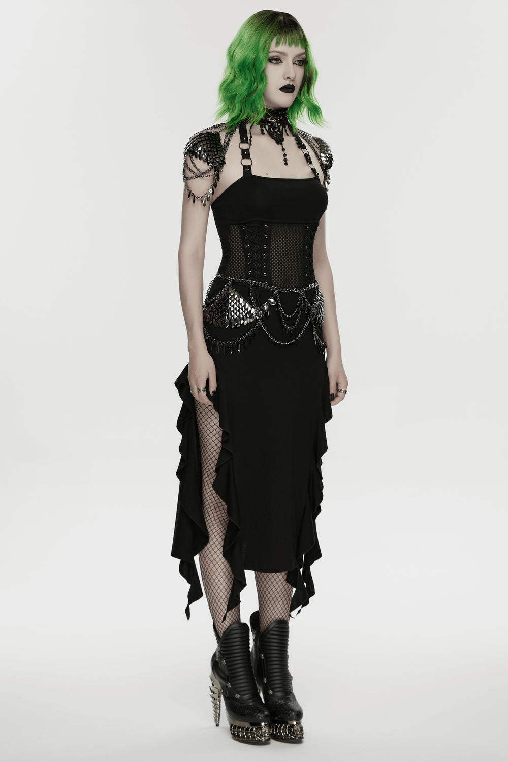 Alt Tag: Gothic Layered Metal Waist Chain with Blade Charms on goth model in black dress, layered chains with blade charms