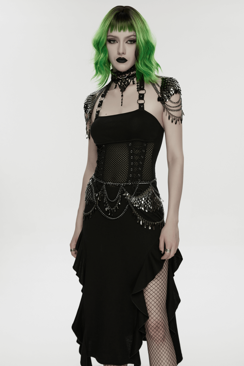 Gothic Layered Metal Waist Chain with Blade Charms on black goth dress, layered chains and blade charms for punk body jewelry style