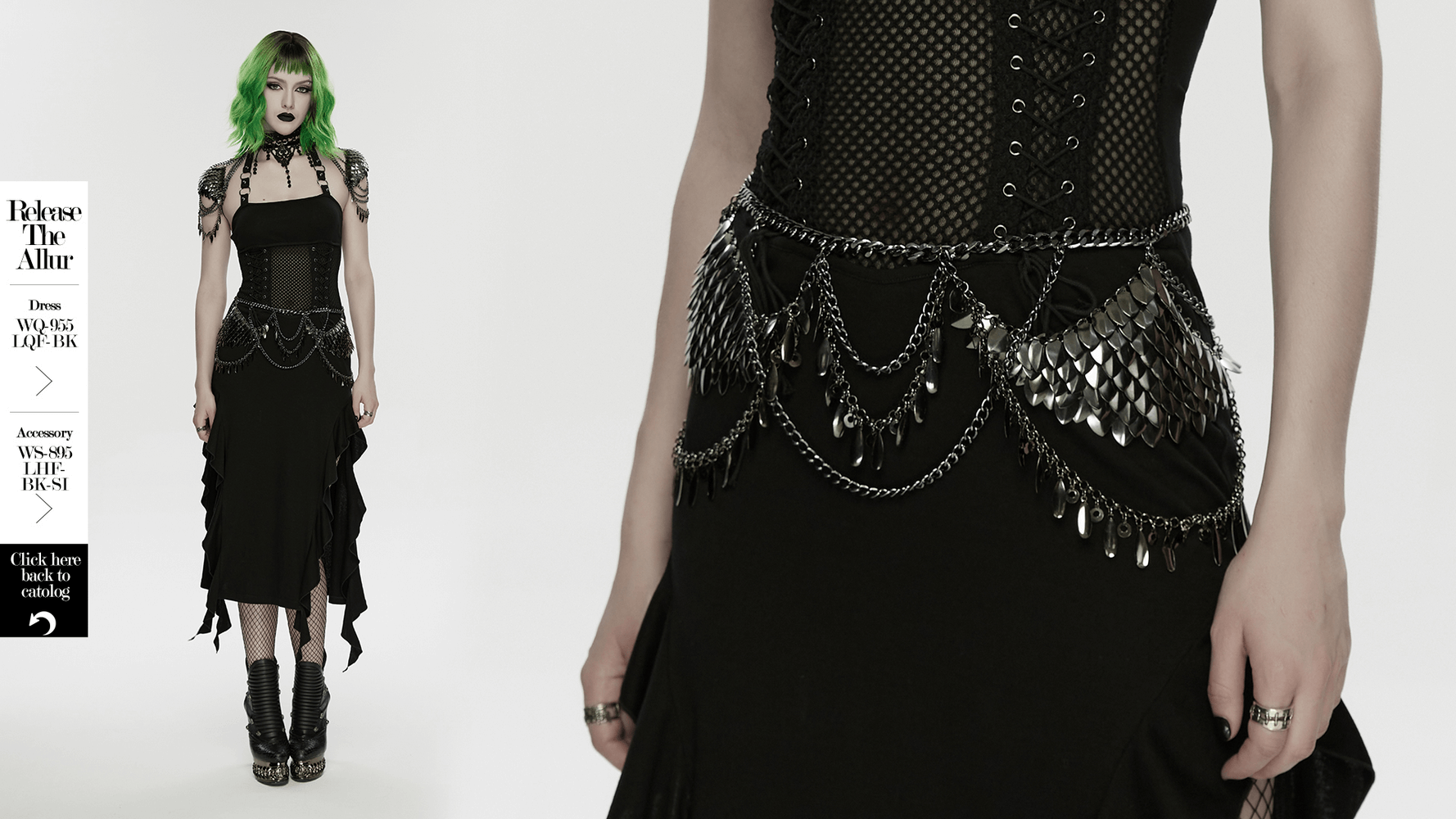 Alt Tag: Gothic Layered Metal Waist Chain with Blade Charms on black goth dress, layered chains and blade charms for punk statement look