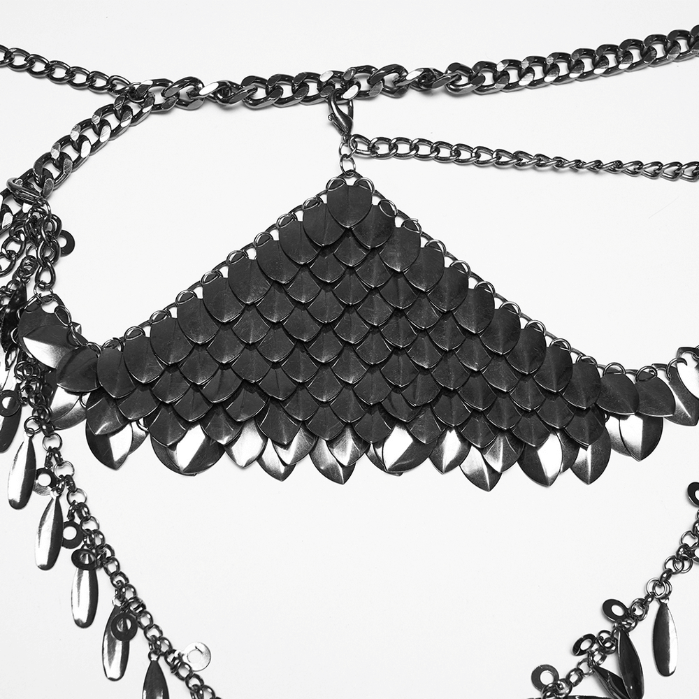 Alt Tag: Gothic Layered Metal Waist Chain with Blade Charms featuring layered black chains, scale plates, and dangling blade accents