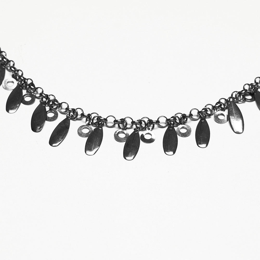 Alt Tag: Gothic Layered Metal Waist Chain with Blade Charms featuring layered black metal chain and dangling blade charms, punk body jewelry