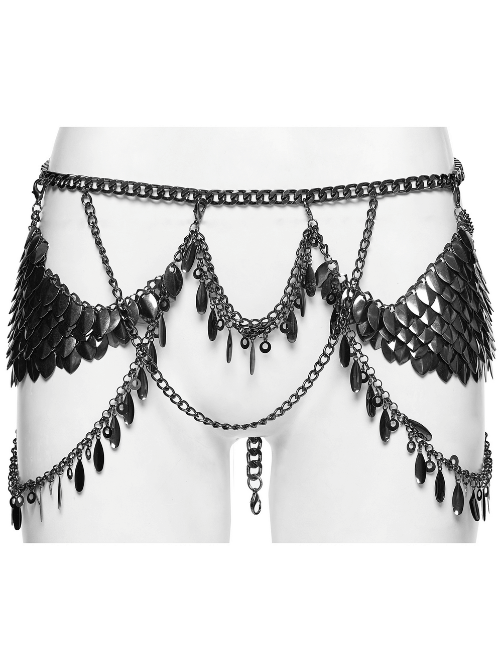 Alt Tag: Gothic Layered Metal Waist Chain with Blade Charms layered black chain body jewelry with scale plates and dangling blade charms