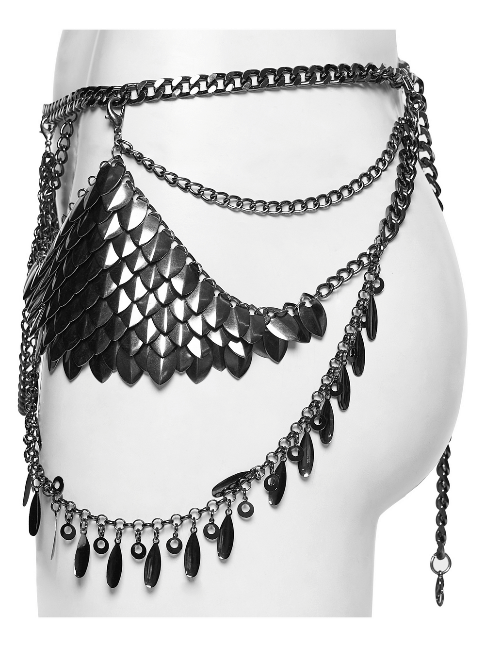 Alt Tag: Gothic Layered Metal Waist Chain with Blade Charms on mannequin, layered black chains with scale plates and dangling blade charms