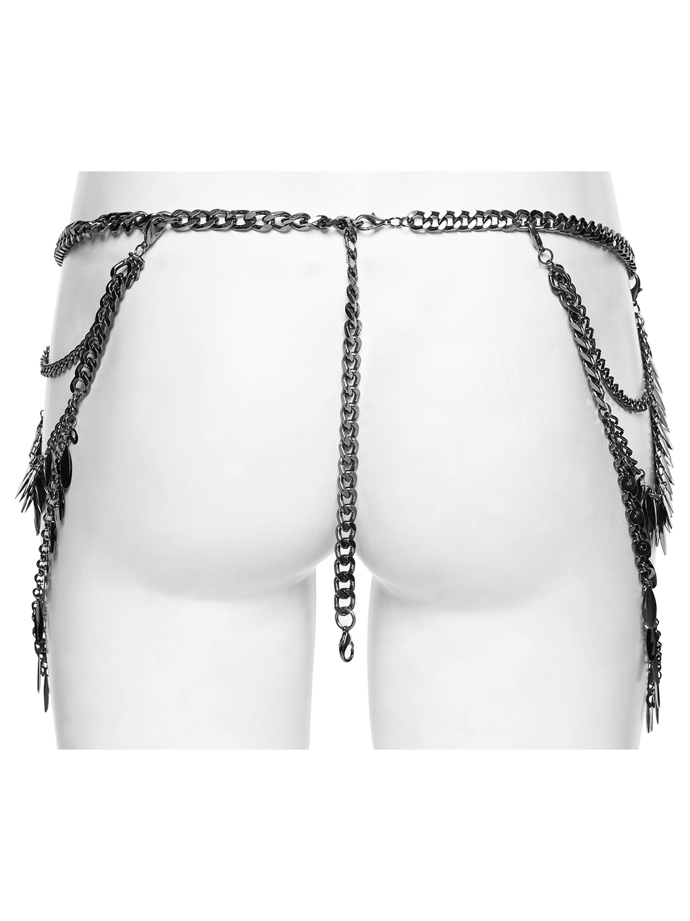 Alt Tag: Gothic Layered Metal Waist Chain with Blade Charms black multi-chain body jewelry with dangling blade charms, adjustable fit