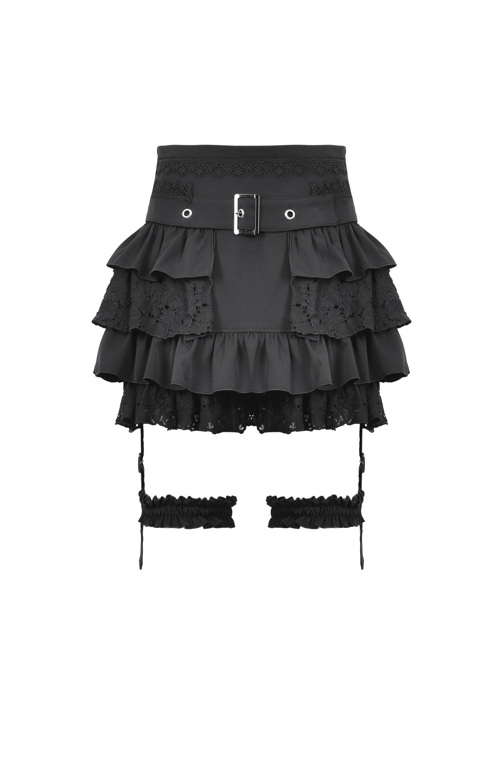 Gothic layered ruffle mini skirt in black with belt, lace details, and attached garters for a stylish gothic look.